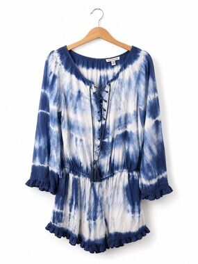 American Eagle Blue White Tie Dye Lace Up Tassel Romper Boho Festival Small